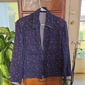 Vintage Men's Style Bomber Navy Patterned Jacket Size Small